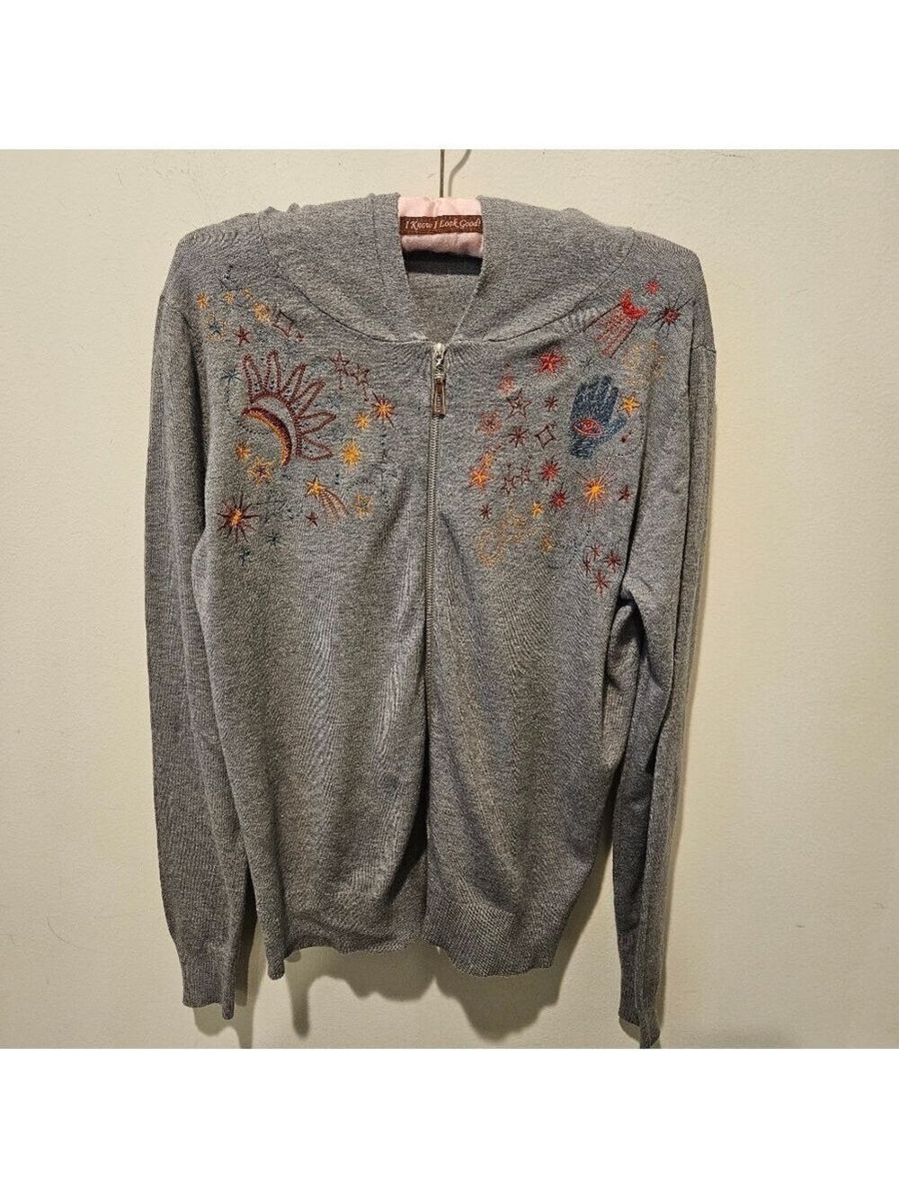 Milano Women's Knit Zip-up Hooded Cardigan, Embroidered, Grey/Multi, Small